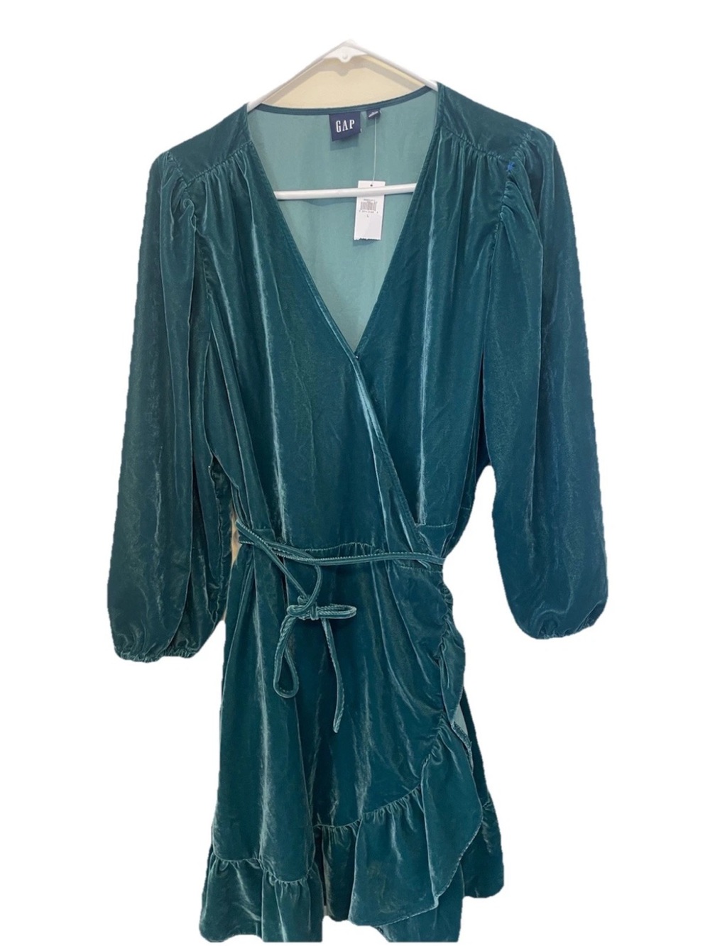 GAP Women’s  NWT Green Teal Velvet Wrap Dress Long Sleeve Puff Sleeve Ruffle
